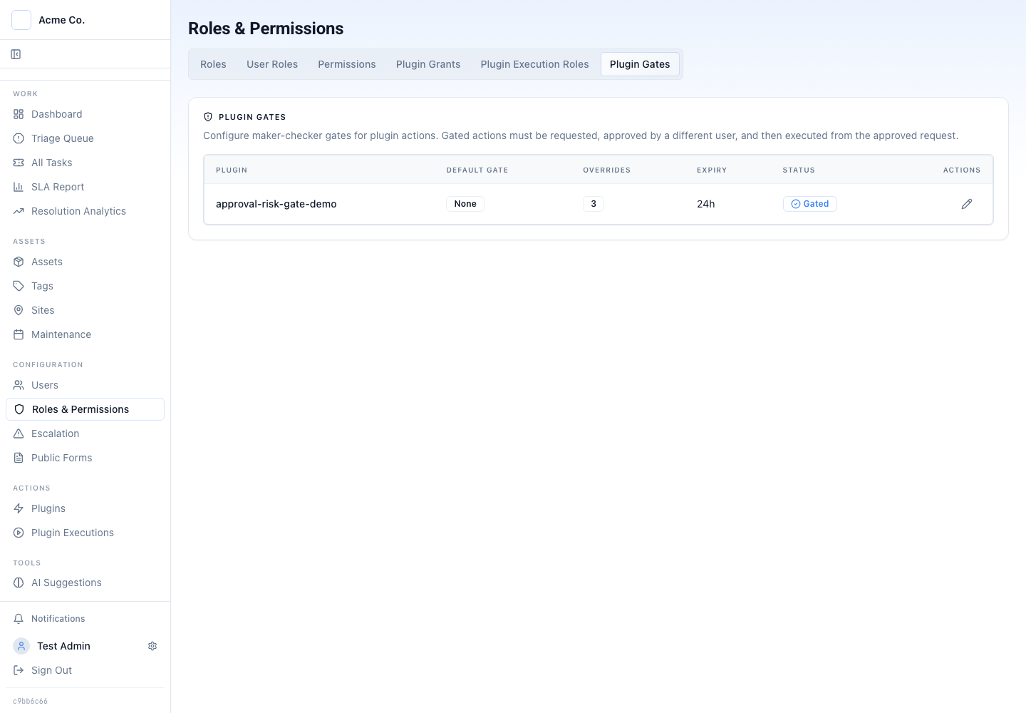 Latch plugin gates configuration for the approval-risk-gate-demo plugin, showing a two-person review gate with per-action overrides and a 24-hour approval expiry