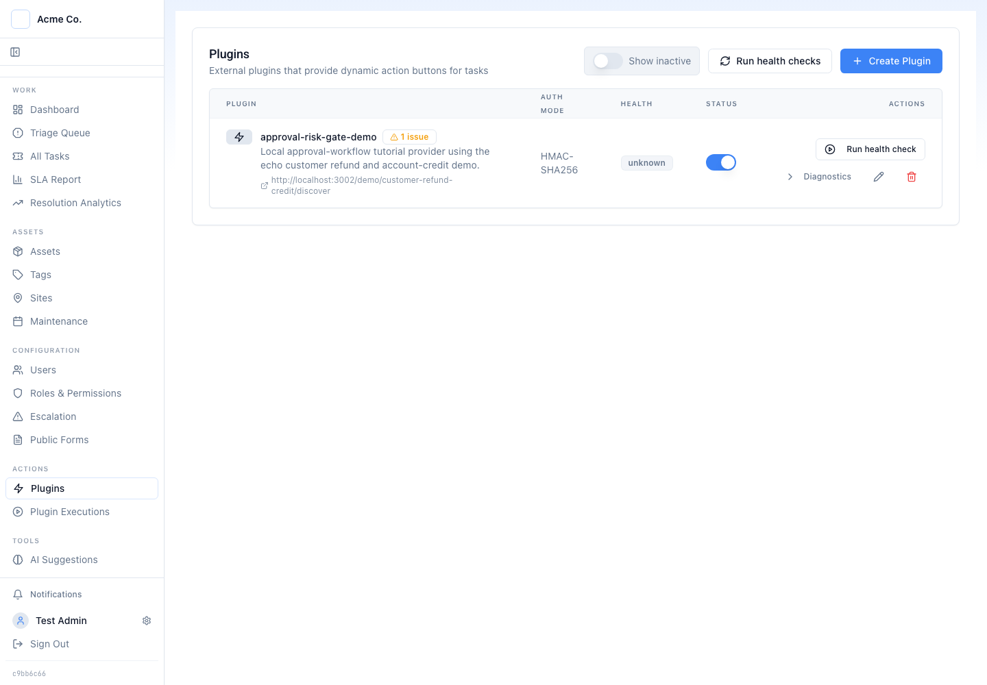 Latch plugin registry showing the approval-risk-gate-demo plugin as a single named integration with HMAC-SHA256 auth, a health indicator, and diagnostics