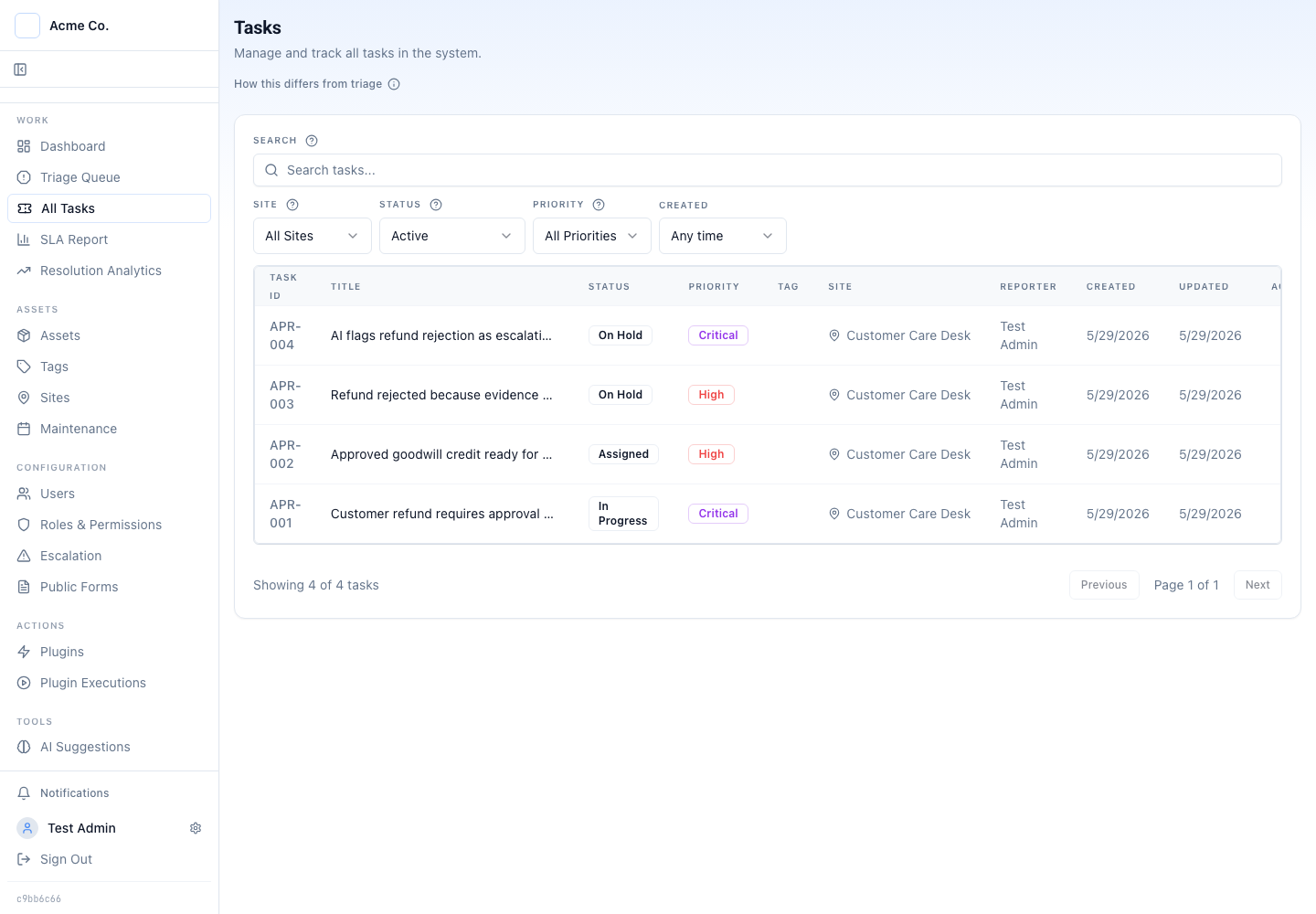 Latch task queue showing four refund-story cases in In Progress, Assigned, and On Hold states