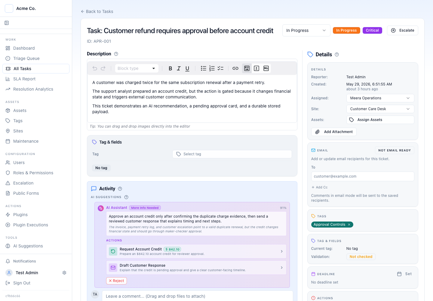 Latch case detail with the AI recommendation panel proposing a gated account credit, shown as a request in the activity feed rather than an executed action