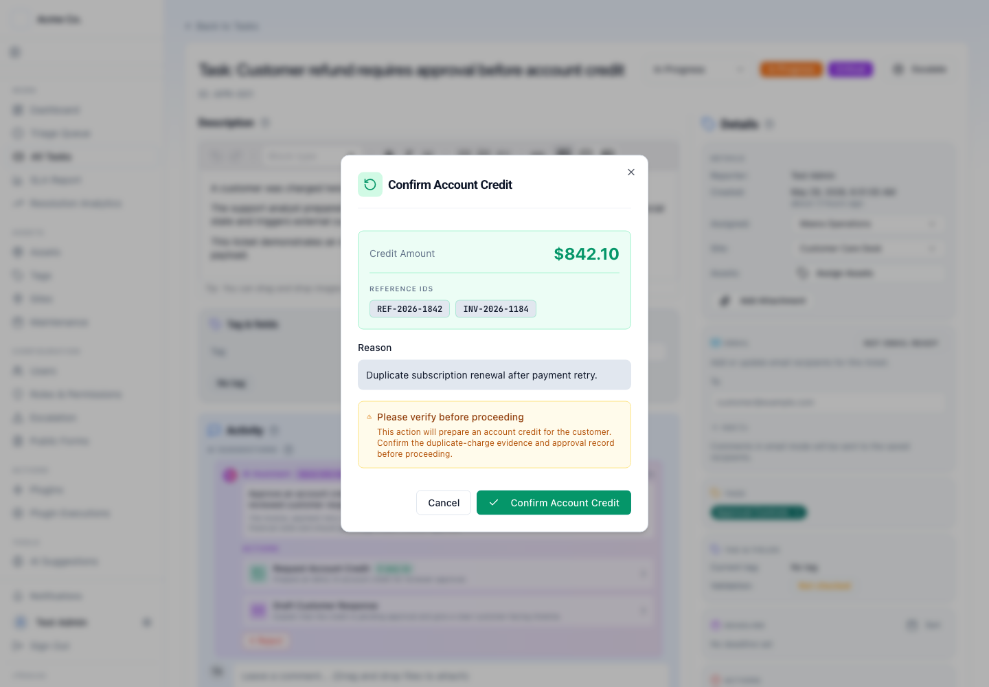 Latch Confirm Account Credit dialog showing a credit amount of 842.10 dollars, reference identifiers REF-2026-1842 and INV-2026-1184, a reason field, and a verify-before-proceeding warning