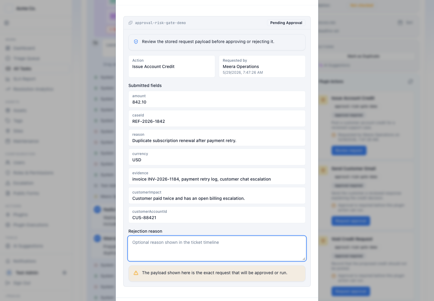 Latch review dialog listing the stored request payload field by field: amount, caseId, reason, currency, evidence, customer impact, and customer account identifier, with the note that this payload is exactly what will be approved or run