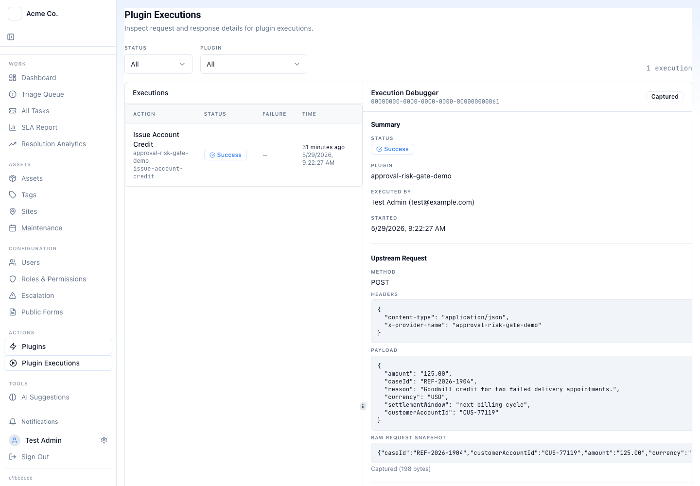 Latch plugin execution debugger showing a successful Issue Account Credit execution with executor identity, timestamp, the upstream POST request, headers, the JSON payload, and a byte-counted raw request snapshot
