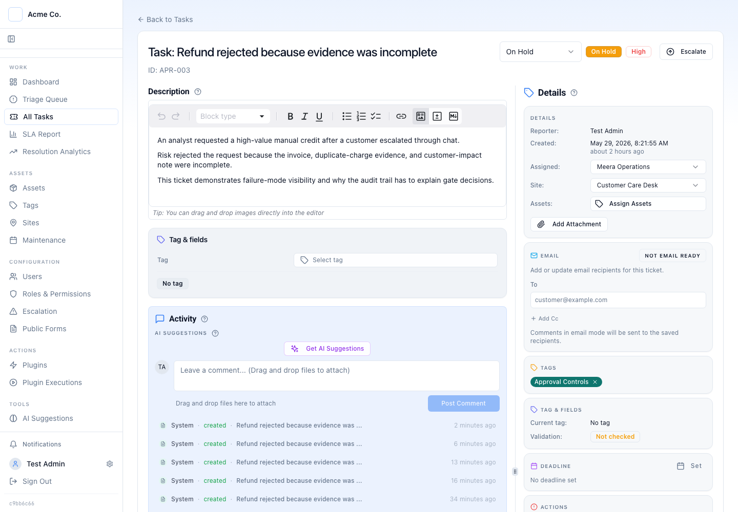 Latch case titled refund rejected because evidence was incomplete, with the rejection reason and audit trail in the activity feed
