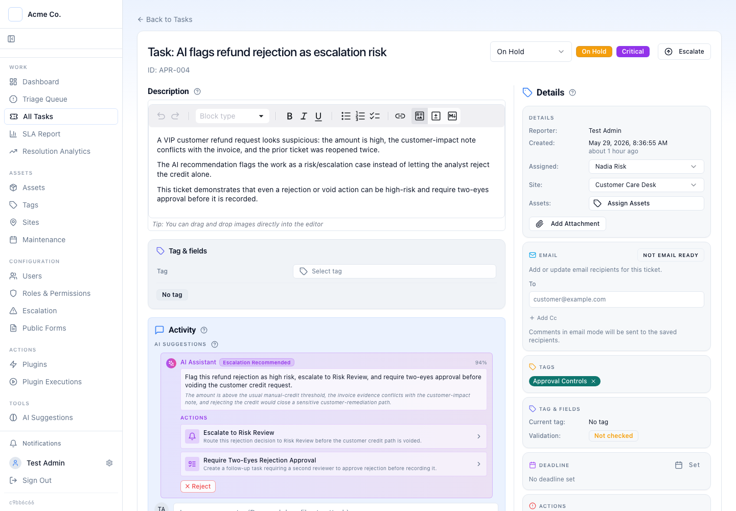 Latch case titled AI flags refund rejection as escalation risk, with an escalation note and a two-person reject and void approval in the activity feed