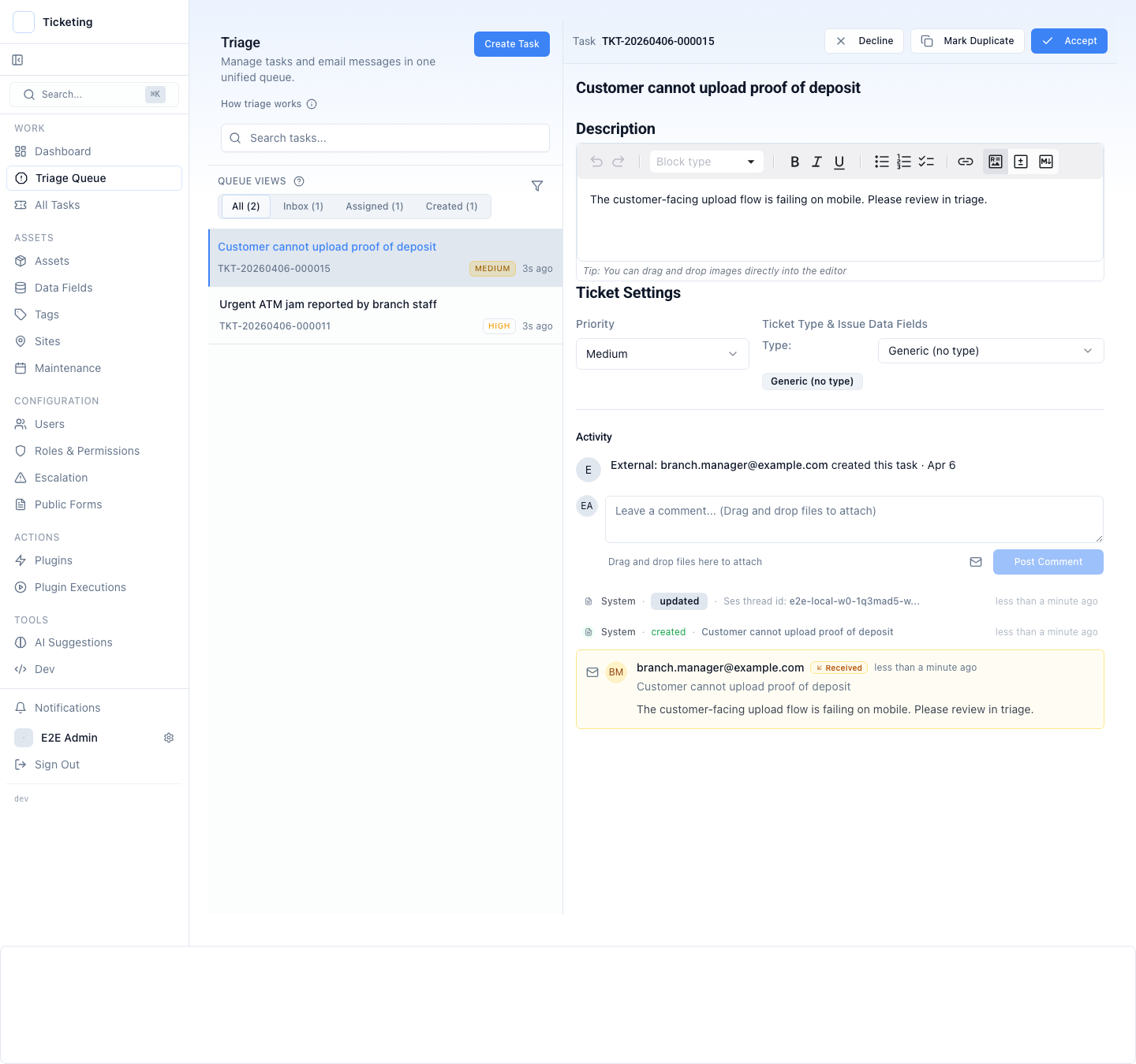 Unified triage queue showing incoming tickets from every channel with inline ticket detail