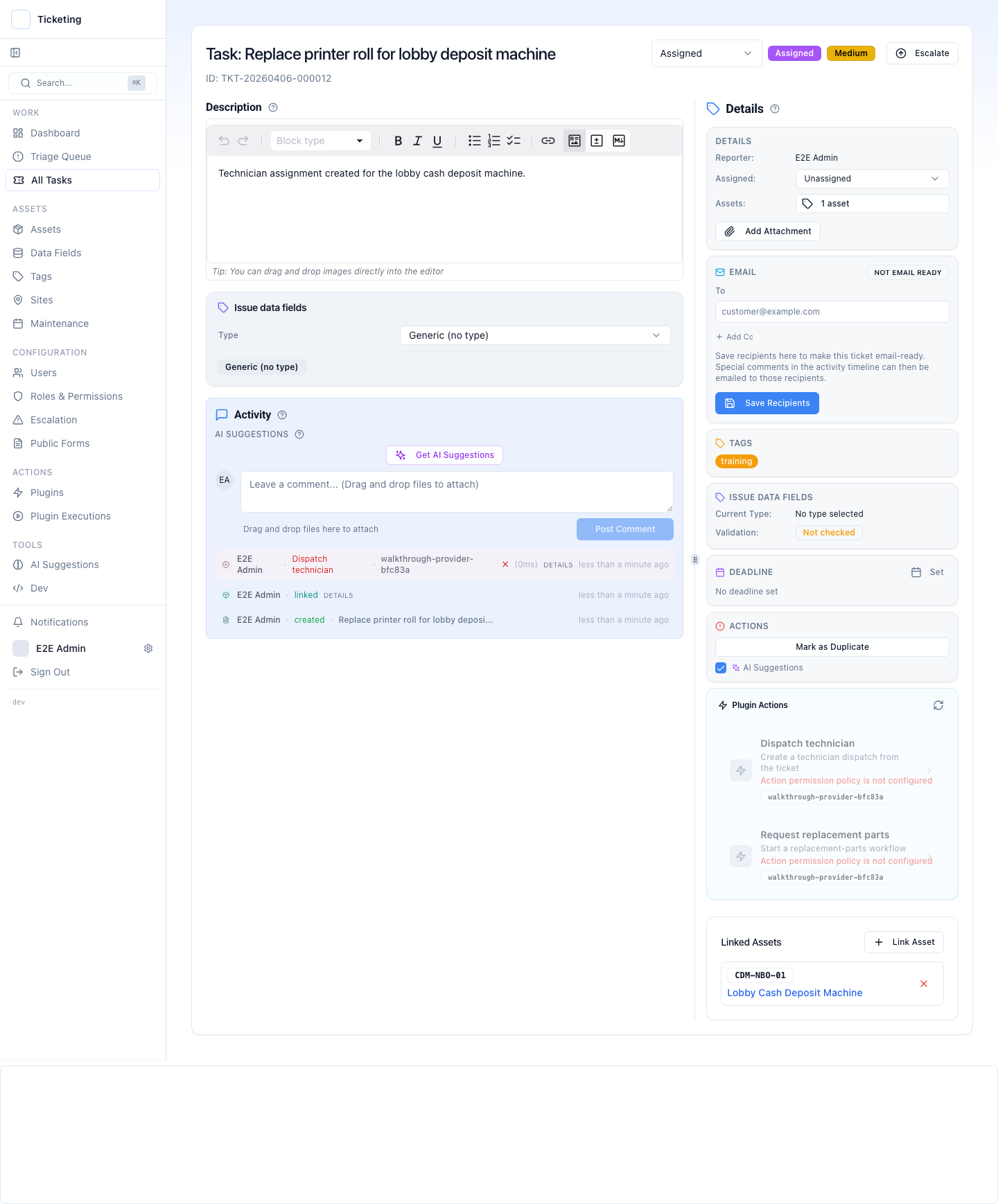 Ticket record showing description, status controls, plugin actions, activity timeline, and linked assets