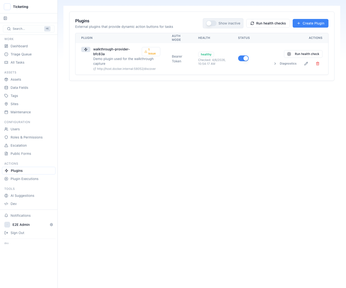 Plugin management screen showing configured providers with their endpoints and authentication