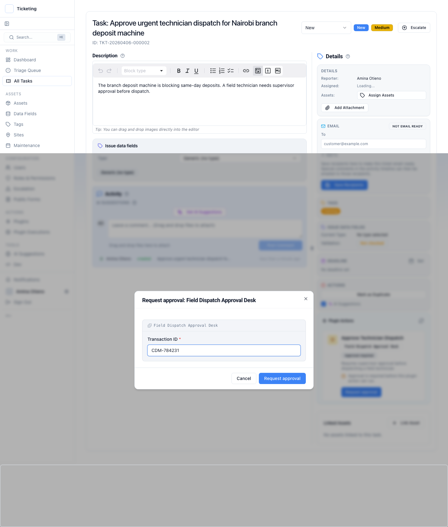 Request dialog showing transaction ID and action details submitted for second-person review